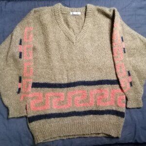 Vintage Japanese Geometric Pattern V-Neck Wool Sweater